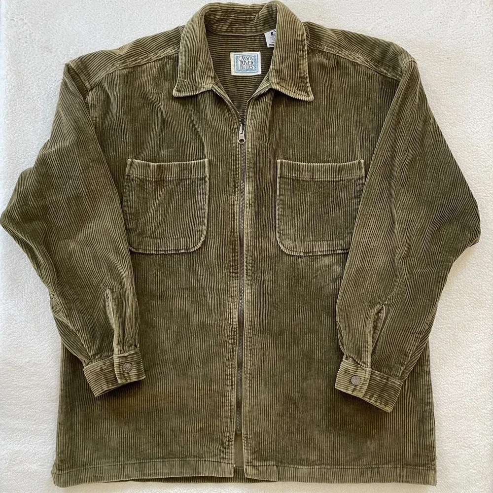 Vintage 90s Canyon River Blues Mens Medium Shirt Jacket Olive Green Corduroy Zip